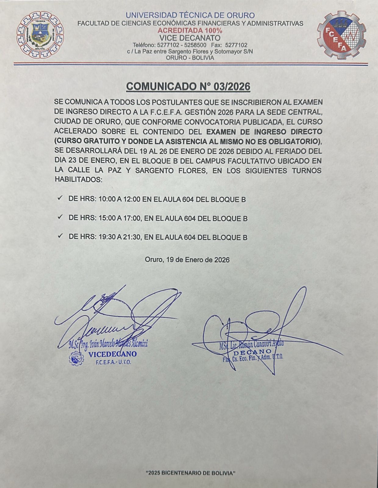COMUNICADO ALUMNOS NUEVOS EXAMEN DE INGRESO